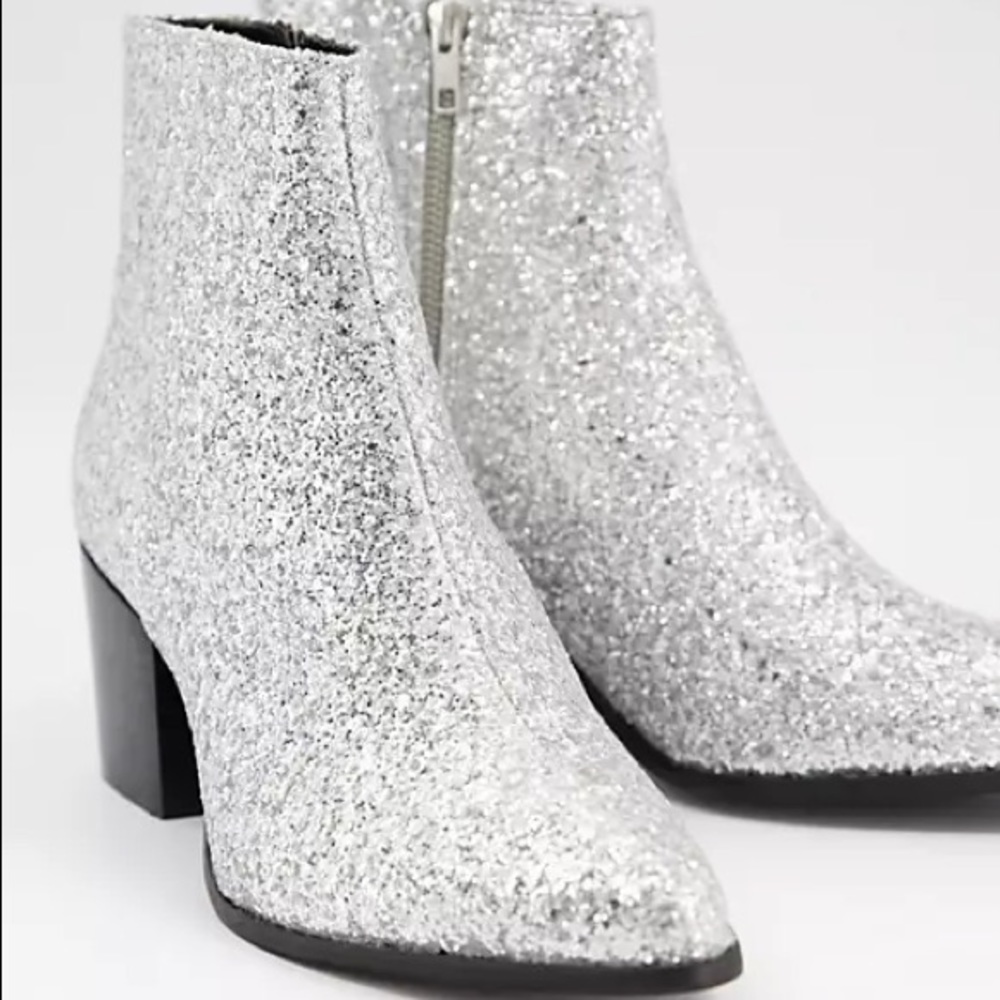 NEW ASOS Chelsea Boots Heeled In Silver Glitter 10